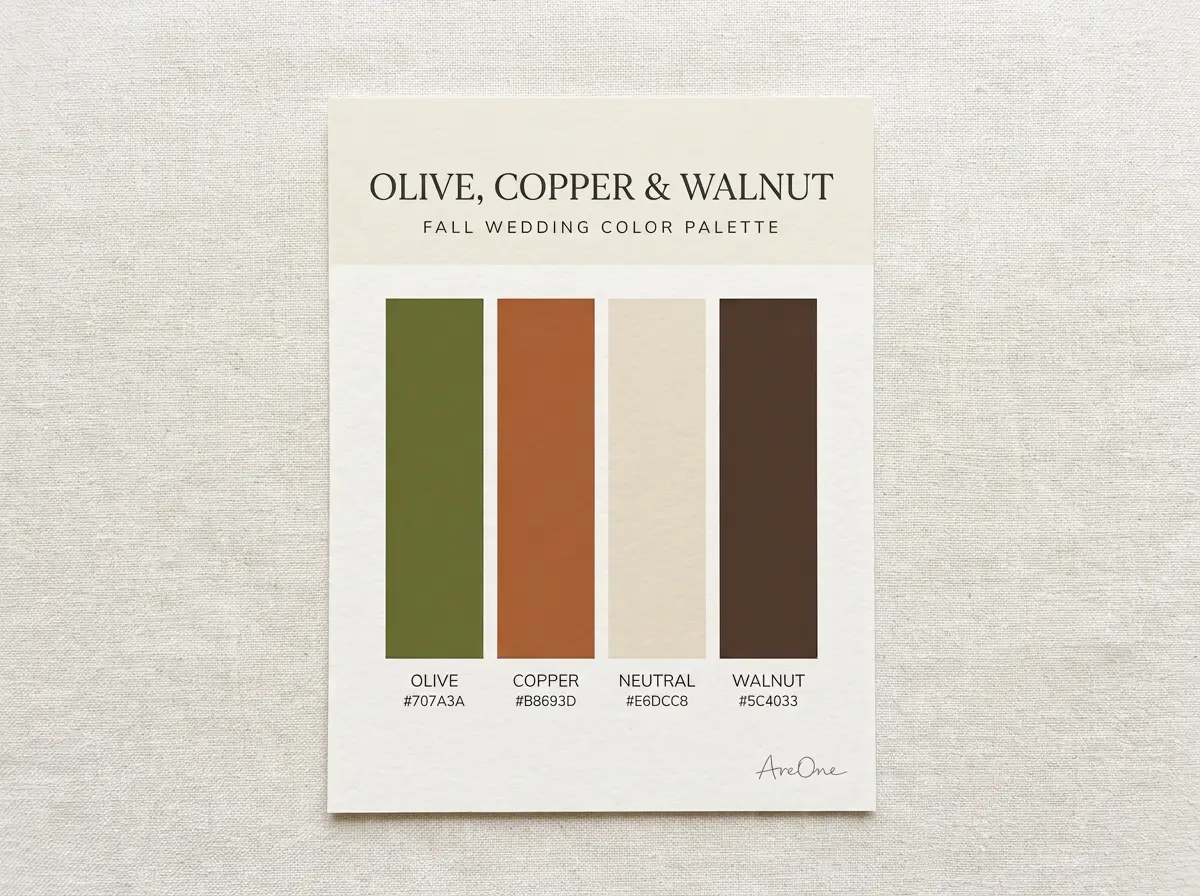 Olive, Copper and Walnut fall wedding colors palette swatch with hex codes #707A3A #B8693D #E6DCC8 #5C4033