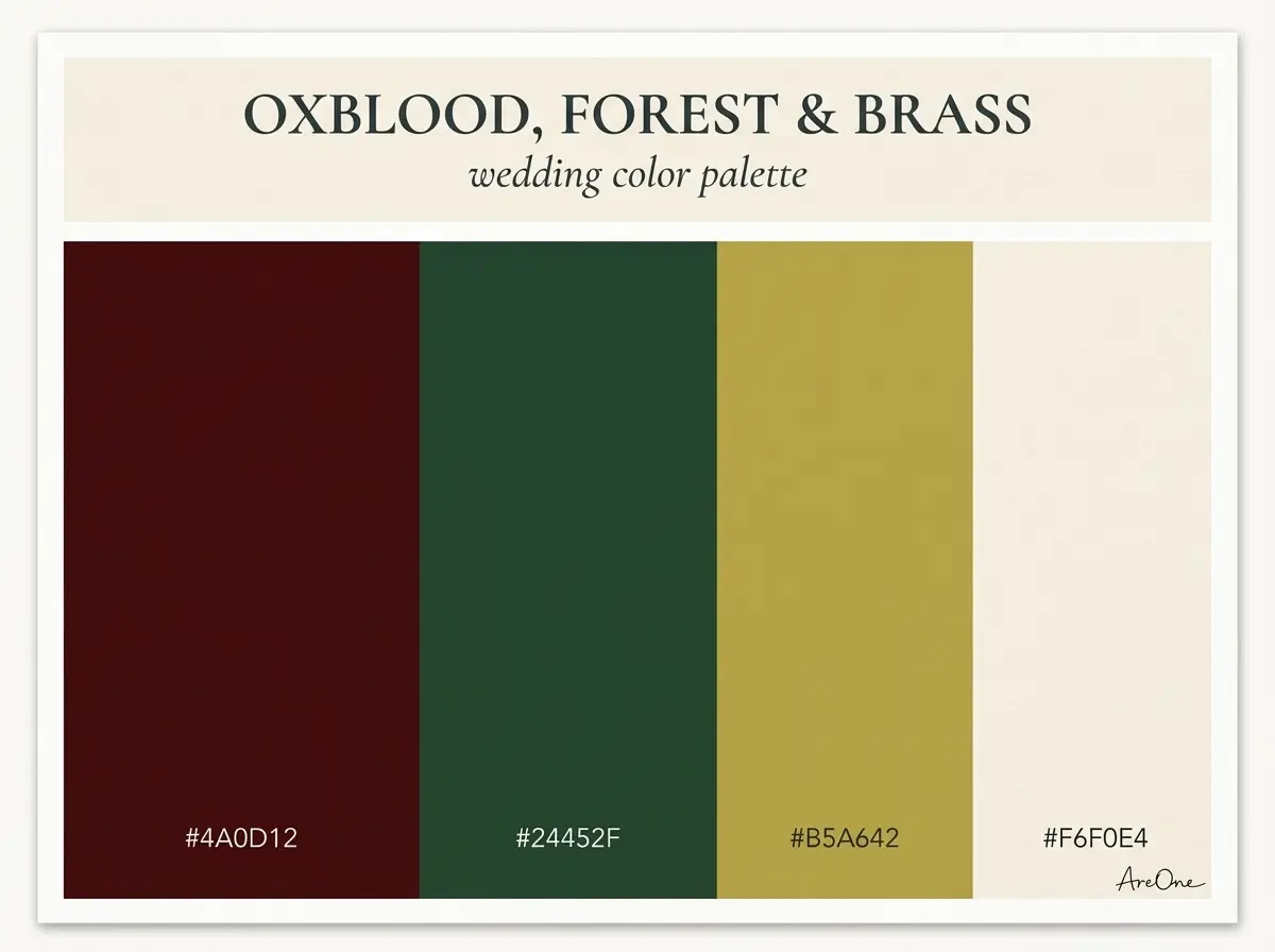 Oxblood, Forest and Brass fall wedding colors palette swatch with hex codes #4A0D12 #24452F #B5A642 #F6F0E4