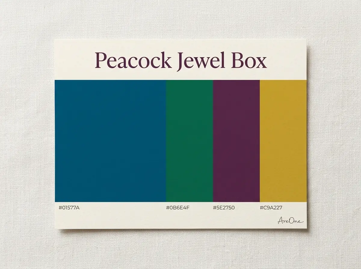 Peacock Jewel Box fall wedding colors palette swatch with hex codes #01577A #0B6E4F #5E2750 #C9A227