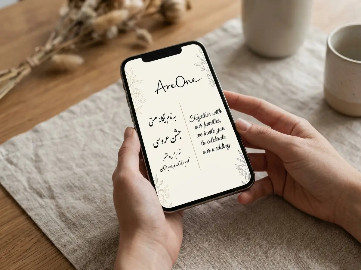 Phone screen showing Persian English wedding invitation wording side by side