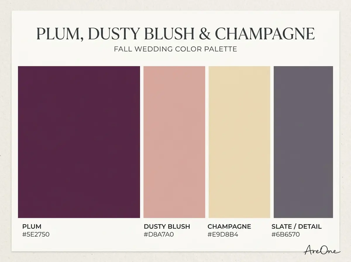 Plum, Dusty Blush and Champagne fall wedding colors palette swatch with hex codes #5E2750 #D8A7A0 #E9D8B4 #6B6570