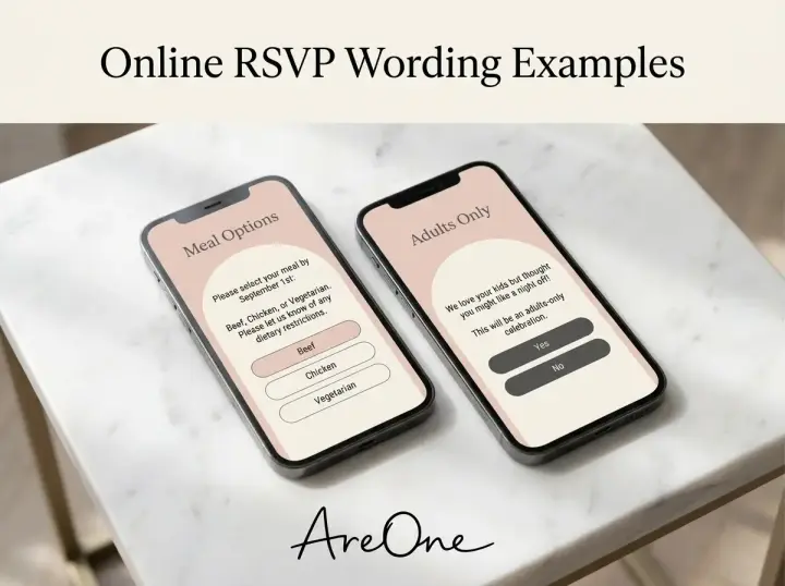 Beautiful examples of online rsvp wording displayed on modern mobile phone screens.