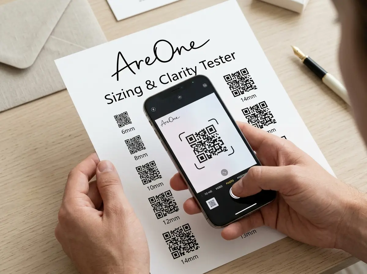 Close-up of a person scanning a wedding invite QR code size tester on their smartphone, ensuring perfect clarity.