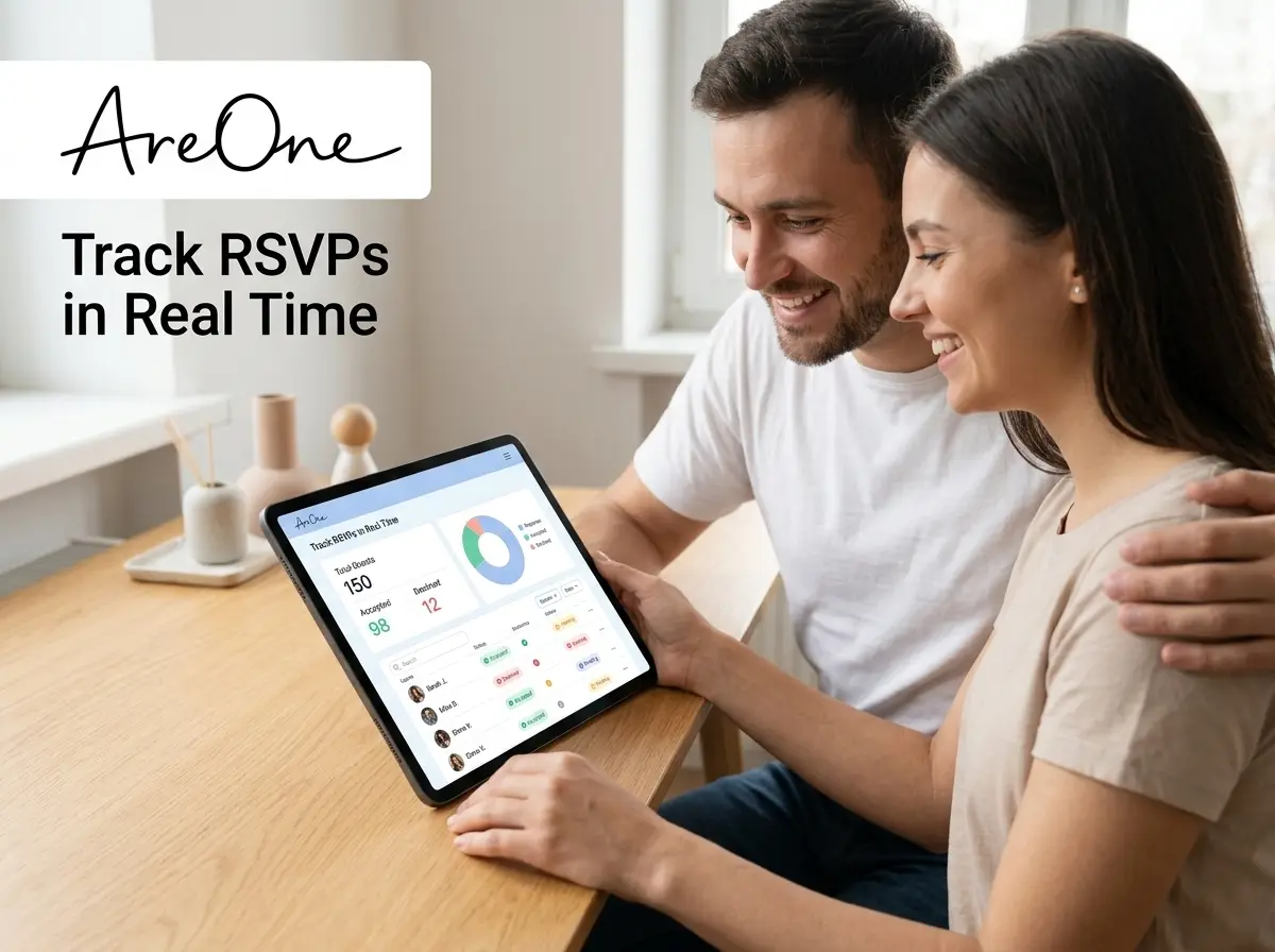Couple smiling while reviewing their beautiful digital RSVP dashboard on a tablet.