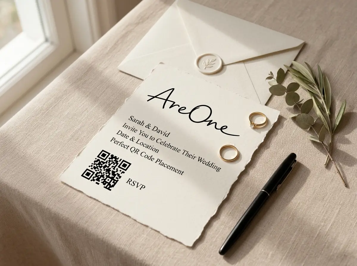 Elegant wedding invitation flat lay featuring a clear QR code RSVP at the bottom left corner.