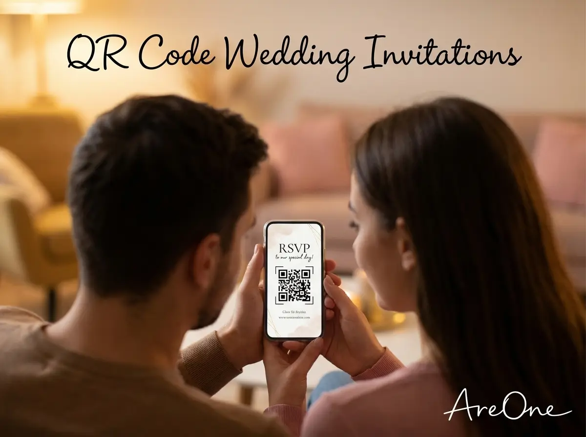 Couple using a smartphone to view and scan a QR code wedding invitation for a digital RSVP.