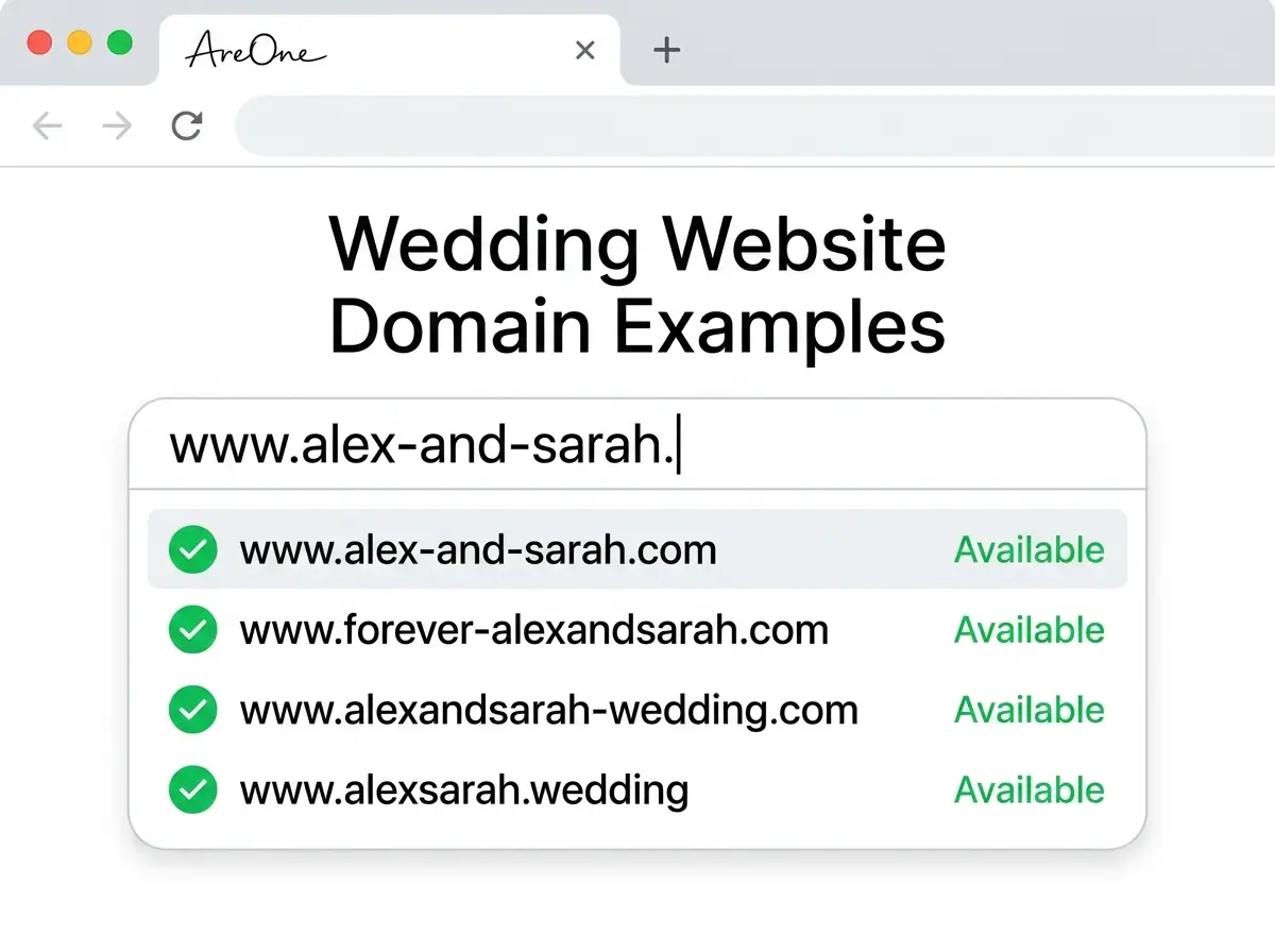 A web browser search bar showing various wedding website domain name formulas being typed out.