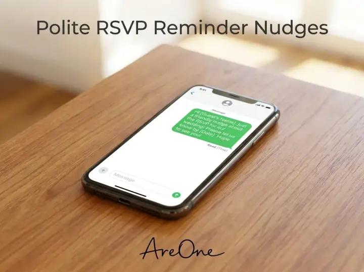 Polite rsvp reminder wording sent as a text message displayed on a smartphone screen.
