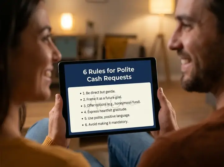 An over-the-shoulder view of a couple holding a tablet that displays a 6-point etiquette checklist for asking for wedding cash gifts.