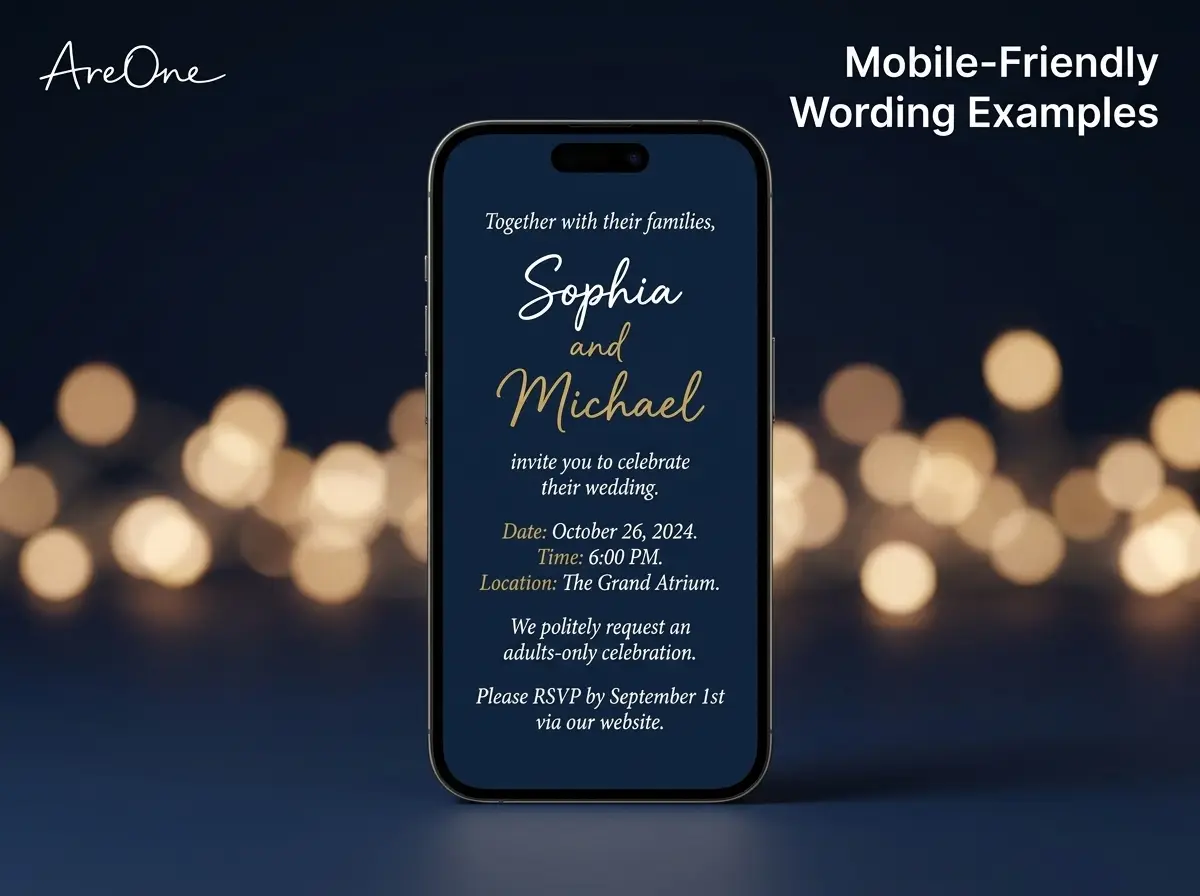 Elegant digital wedding invitation on a smartphone displaying adults-only wording.