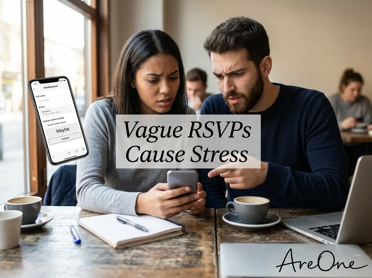 A couple looking stressed and confused while checking wedding RSVPs on their phones.