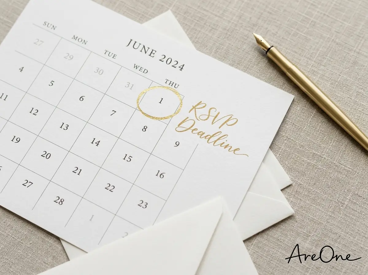 A close-up of a calendar page with a wedding RSVP deadline circled in gold.
