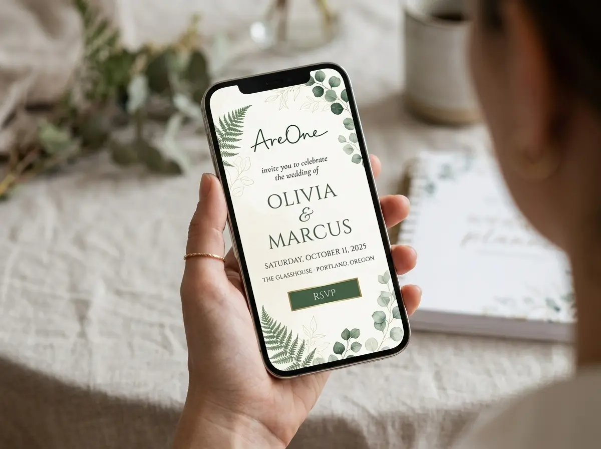 Elegant digital wedding invitation displayed on a modern smartphone.