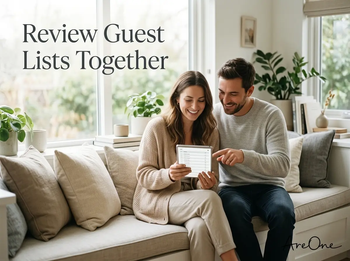 Couple reviewing their elegant digital wedding guest list on a tablet.