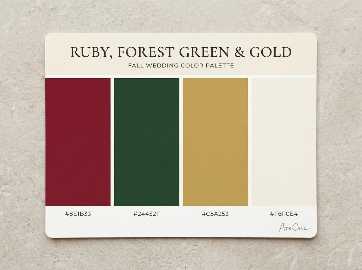 Ruby, Forest Green and Gold fall wedding colors palette swatch with hex codes #8E1B33 #24452F #C5A253 #F6F0E4