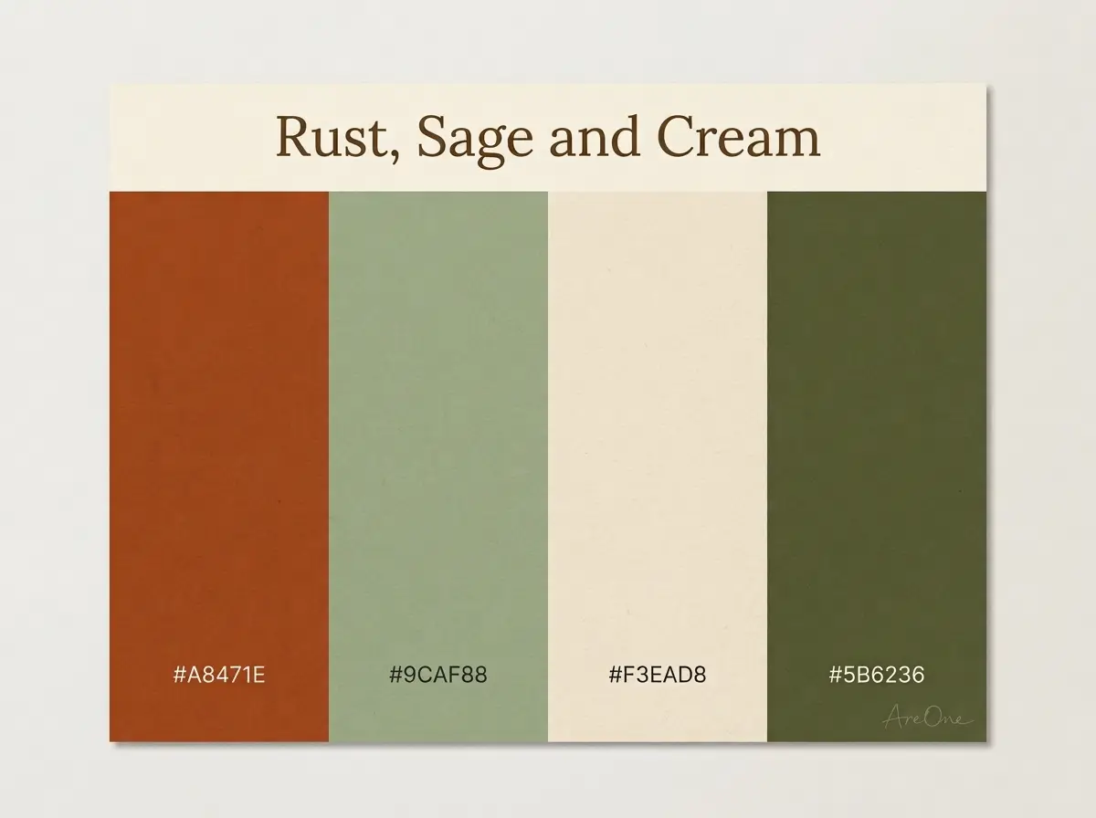 Rust, Sage and Cream fall wedding colors palette swatch with hex codes #A8471E #9CAF88 #F3EAD8 #5B6236