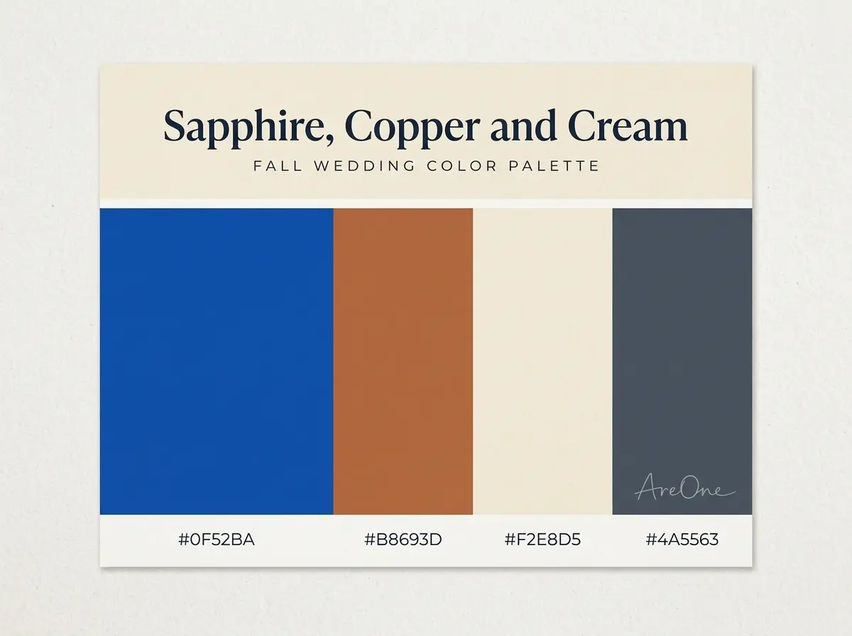 Sapphire, Copper and Cream fall wedding colors palette swatch with hex codes #0F52BA #B8693D #F2E8D5 #4A5563