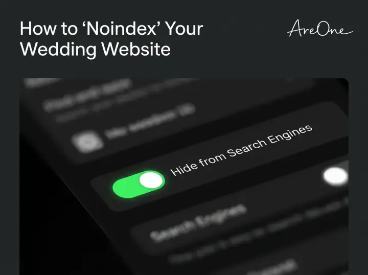 Close up macro view of a digital settings menu highlighting an active toggle switch to hide a wedding website from search engines and ensure privacy.
