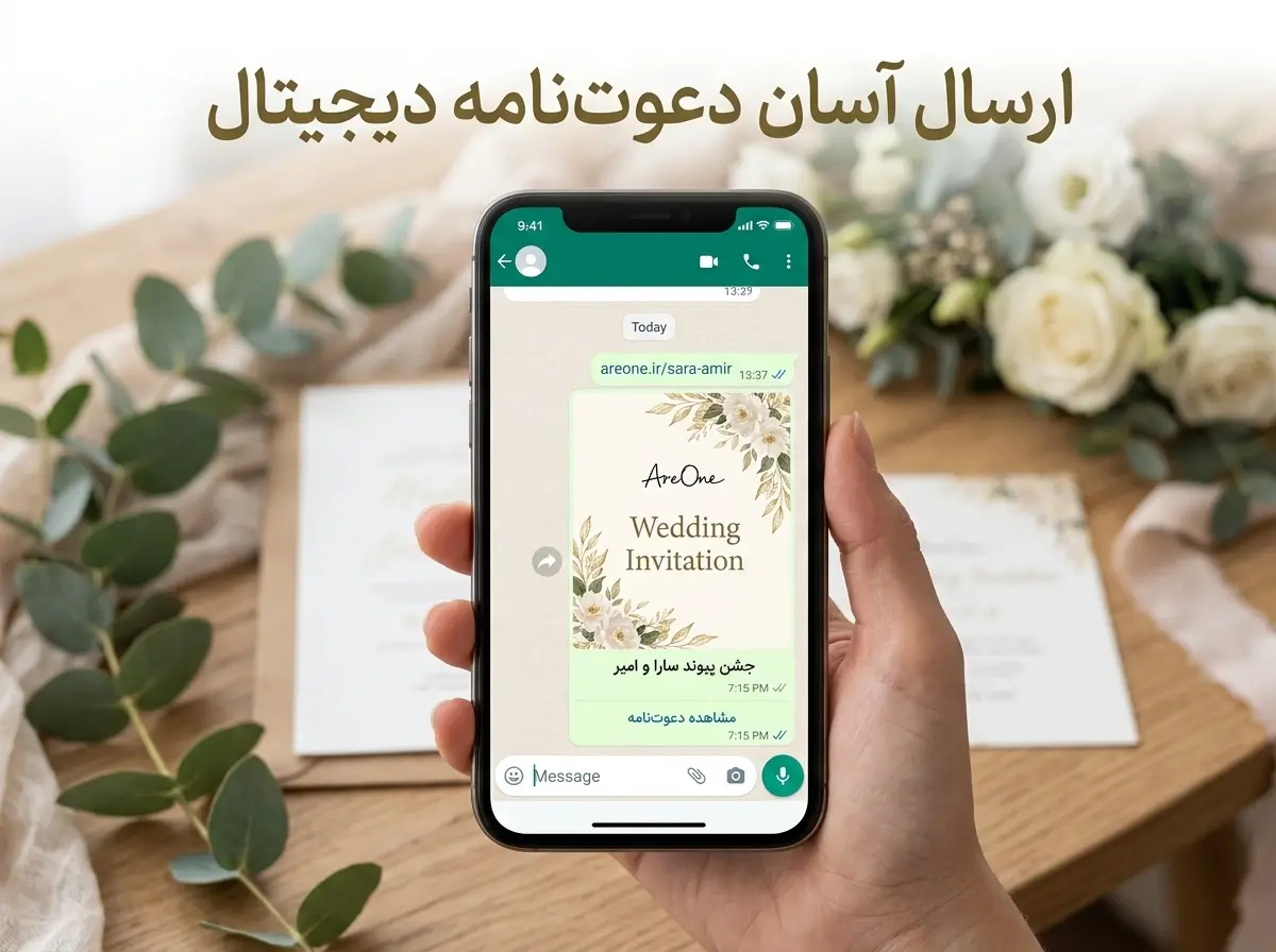 Smartphone showing a wedding invitation message with a link preview in WhatsApp