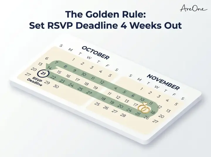 A calendar graphic showing the ideal wedding RSVP deadline set four weeks before the actual wedding date.