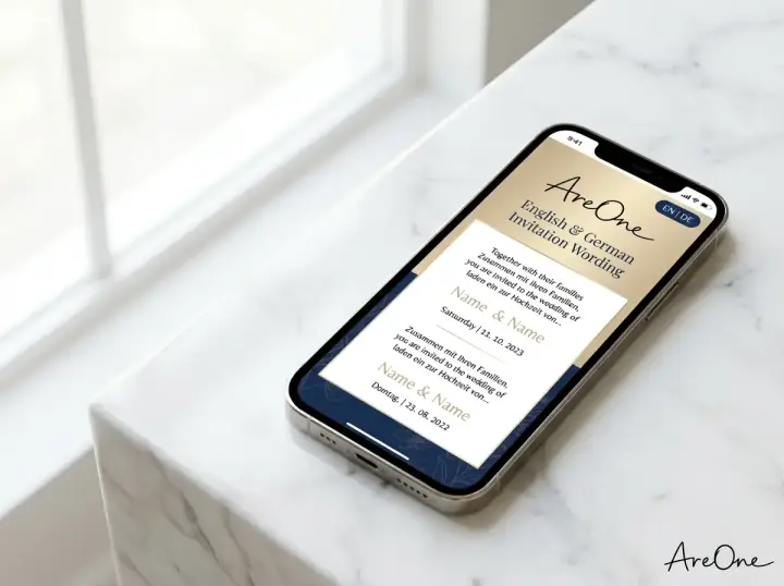 Beautiful bilingual English German wedding invite layout examples displayed on a modern smartphone screen.