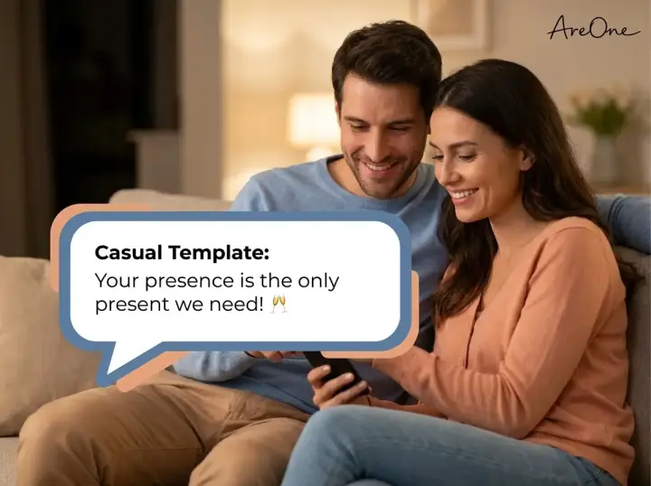 Couple reviewing casual text message invite templates for their guests on a smartphone.