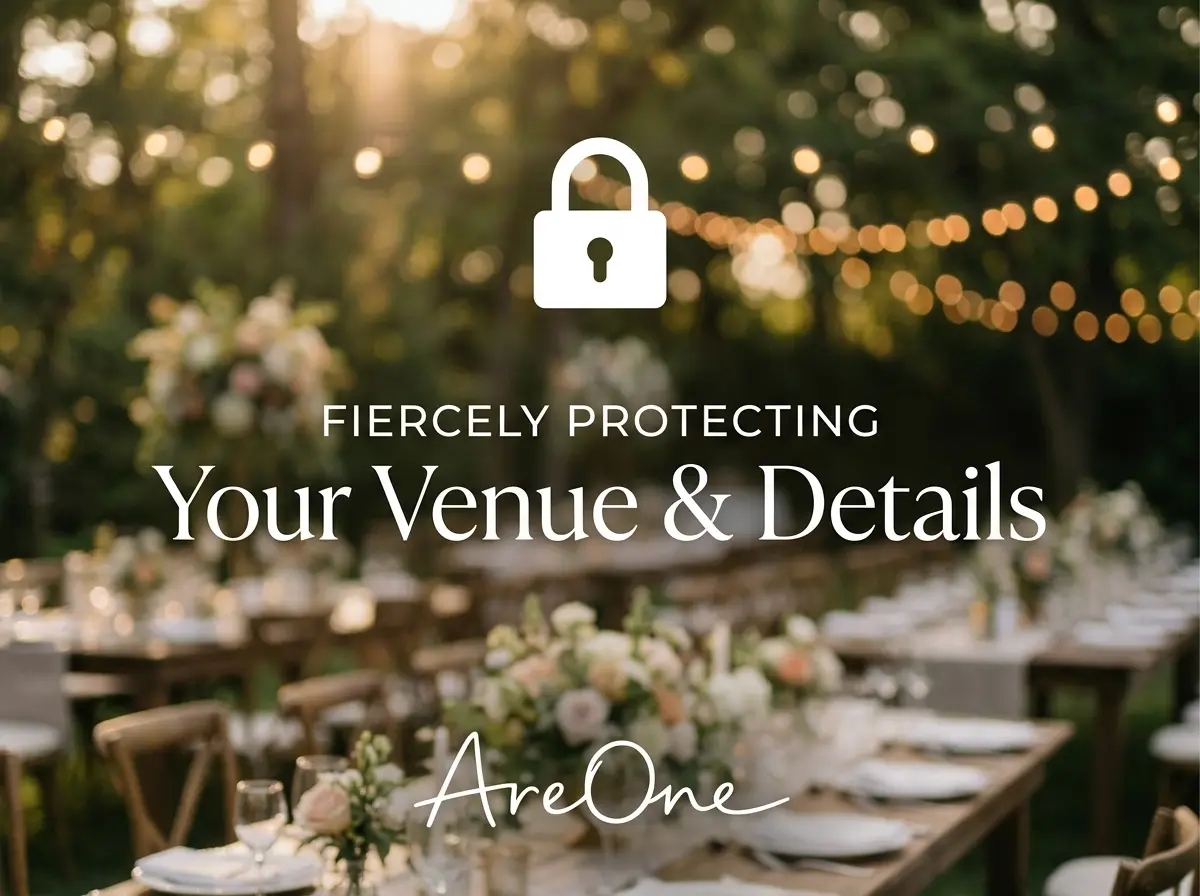A softly blurred garden wedding venue background overlaid with a clean white vector padlock icon.