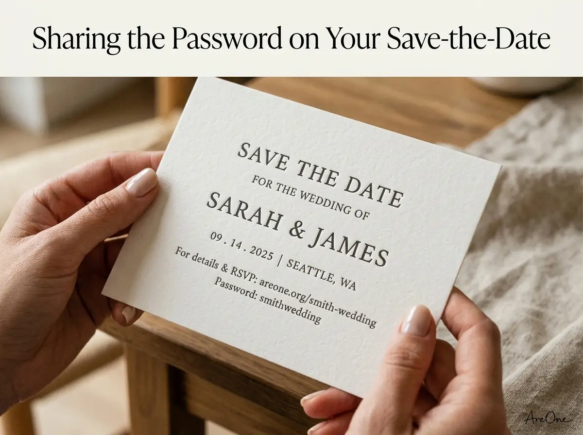 Close-up of a textured save-the-date card showing the website address and private password printed clearly.