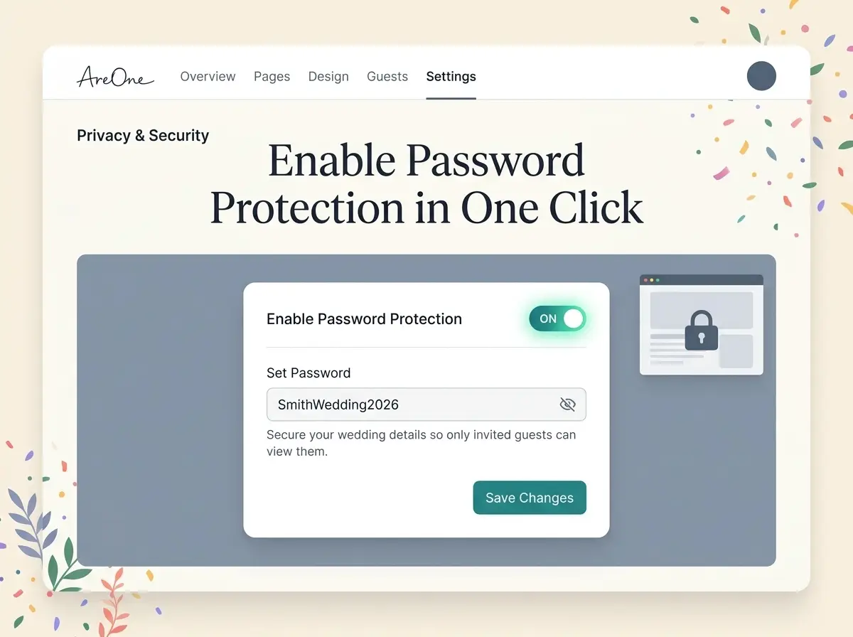 A screenshot mockup of a wedding website builder dashboard showing the password protection toggle turned on.