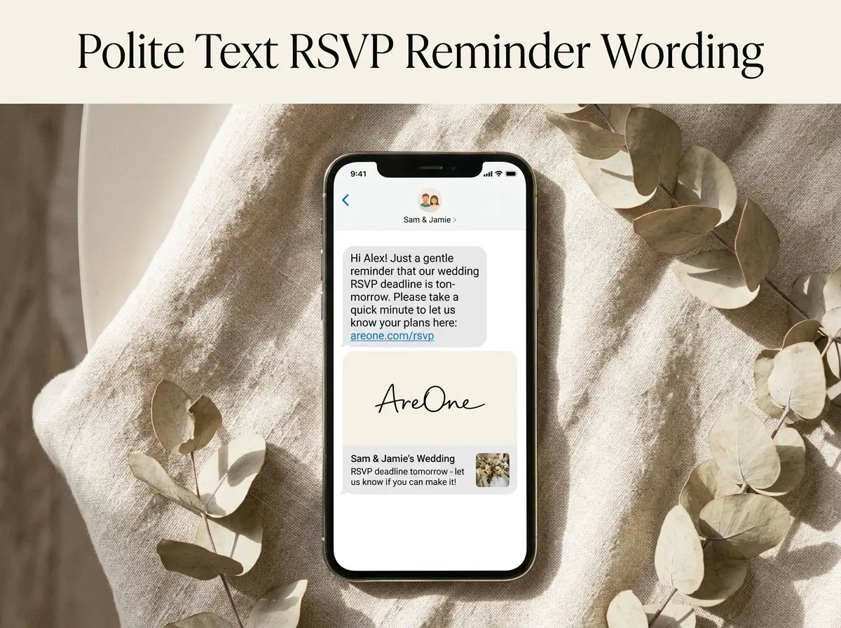 A smartphone displaying a friendly text message reminder about the wedding RSVP deadline with a website link.
