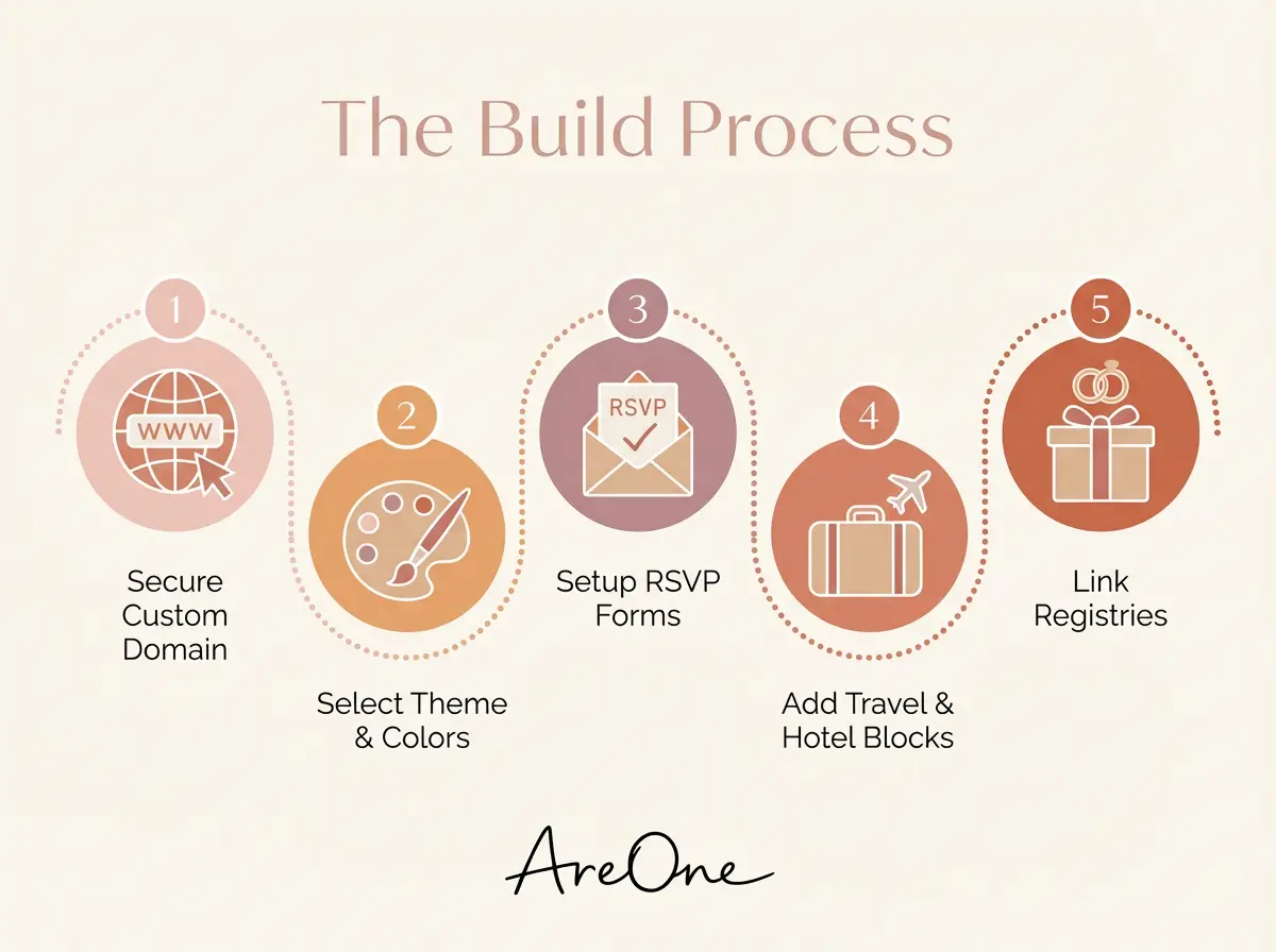 A five-step flowchart illustrating how to build a wedding website, from domain selection to registry integration.