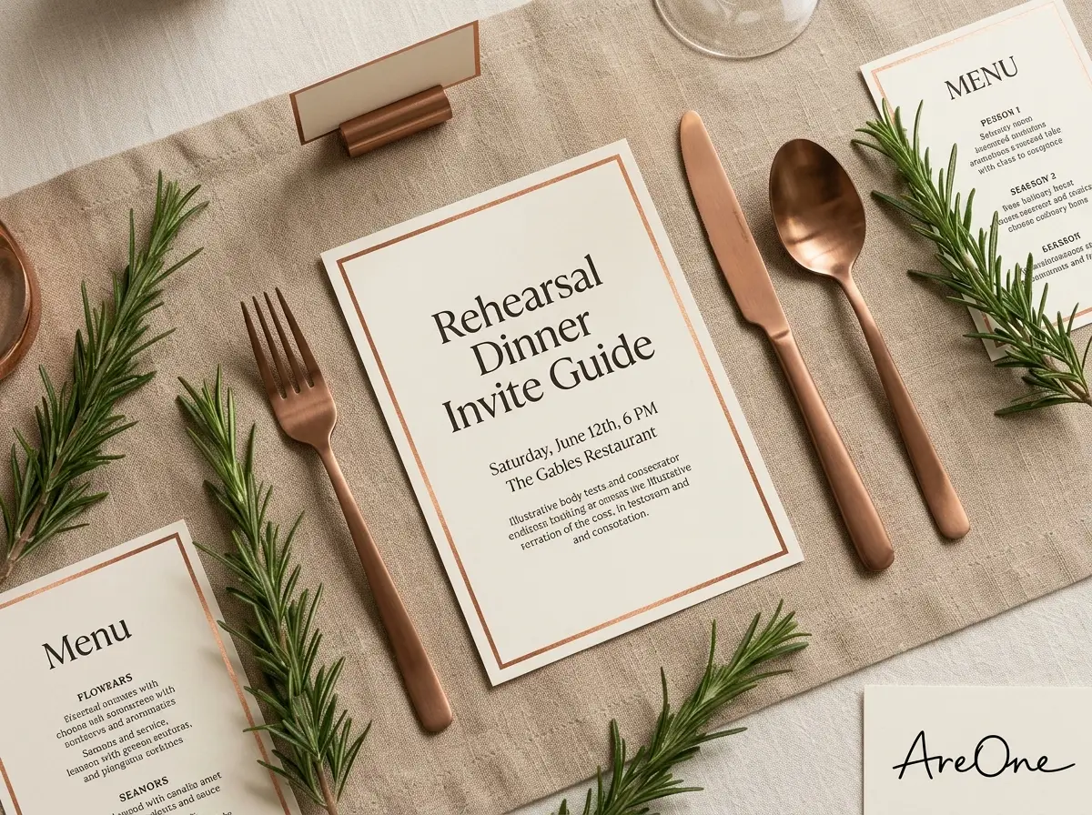 Stationery flat lay with a rehearsal dinner invitation guide and menu.