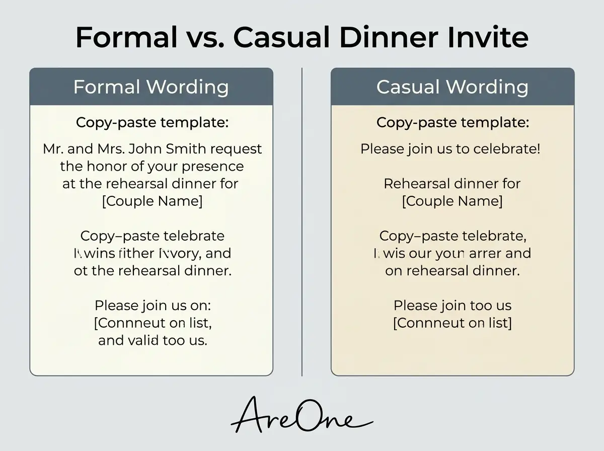 Side by side comparison of formal vs casual wording templates for a rehearsal dinner.