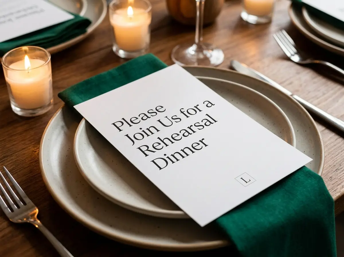 Elegant table setting with text overlay showing rehearsal dinner invitation wording.