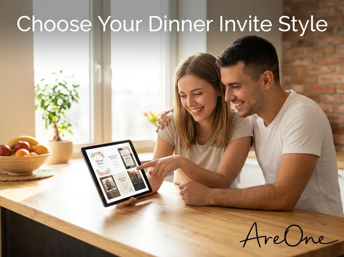 Happy couple reviewing wedding invite examples on a tablet.