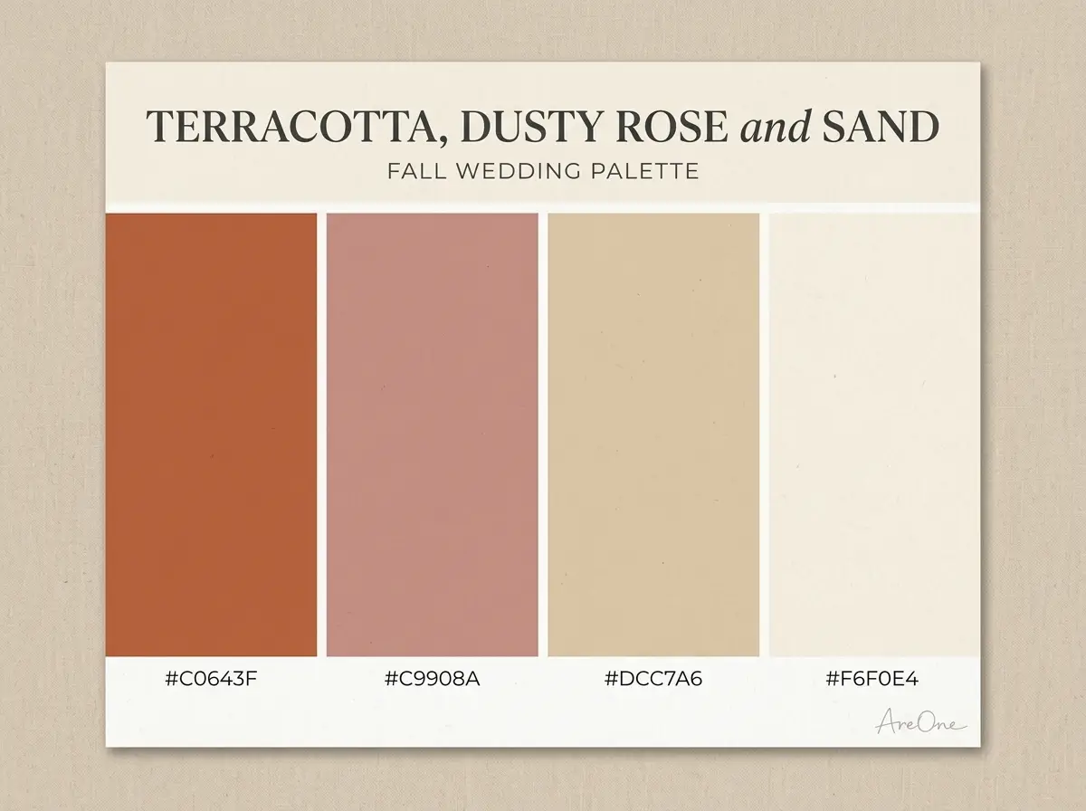Terracotta, Dusty Rose and Sand fall wedding colors palette swatch with hex codes #C0643F #C9908A #DCC7A6 #F6F0E4
