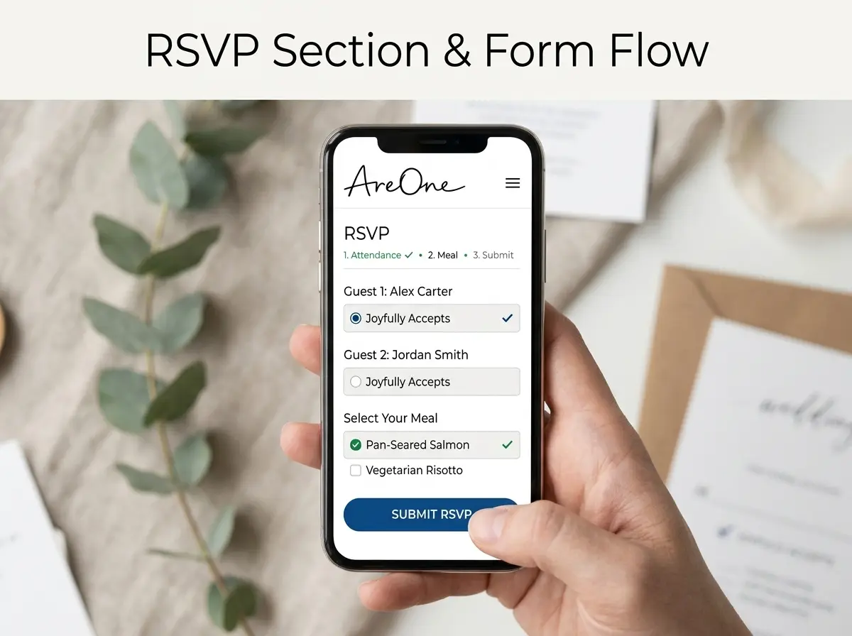 A digital RSVP flow within ideal wedding website sections.