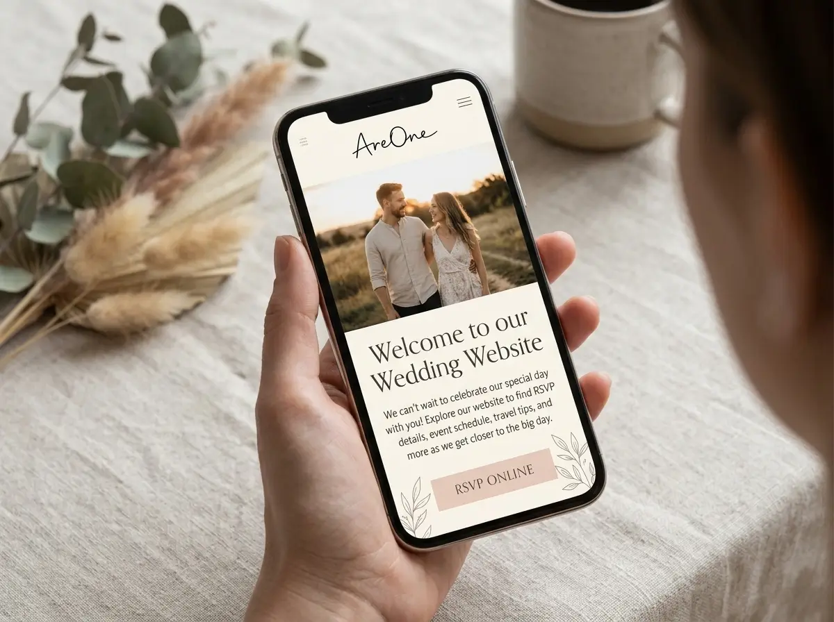 Beautiful wedding website wording on a mobile device.
