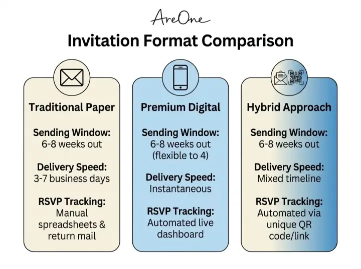 A comparison chart showing the sending window, delivery speed, and RSVP tracking methods for Traditional Paper, Premium Digital, and Hybrid wedding invitations.