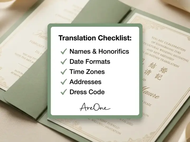 A 5-point translation checklist for multicultural wedding invites including names, dates, times, addresses, and dress codes.
