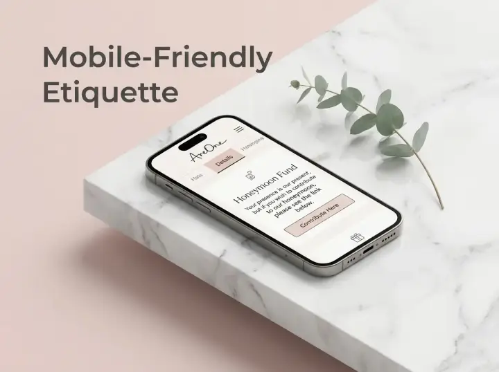 A modern smartphone displaying an elegant digital wedding invitation with polite cash gift wording on the details screen.