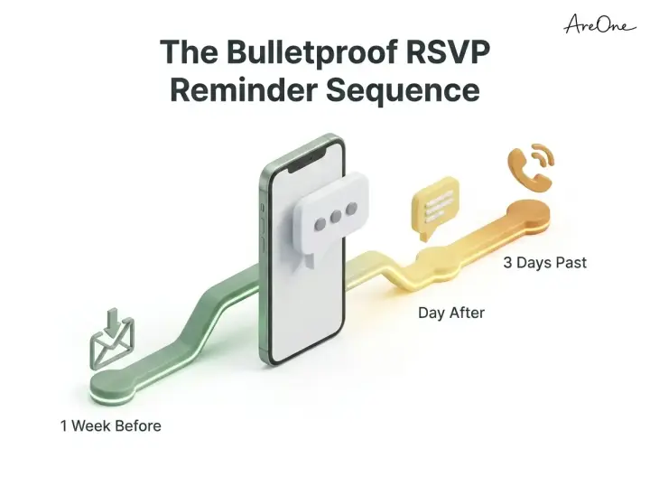 A timeline diagram showing the sequence of wedding RSVP reminders being typed out and sent via email, text, and phone calls based on the deadline.