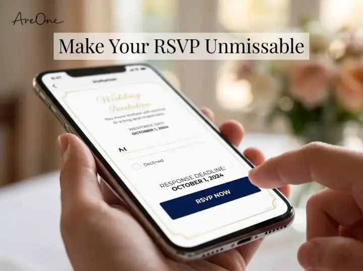 Elegant paperless wedding invite mockup on a smartphone screen showing a clear RSVP deadline and interactive button.