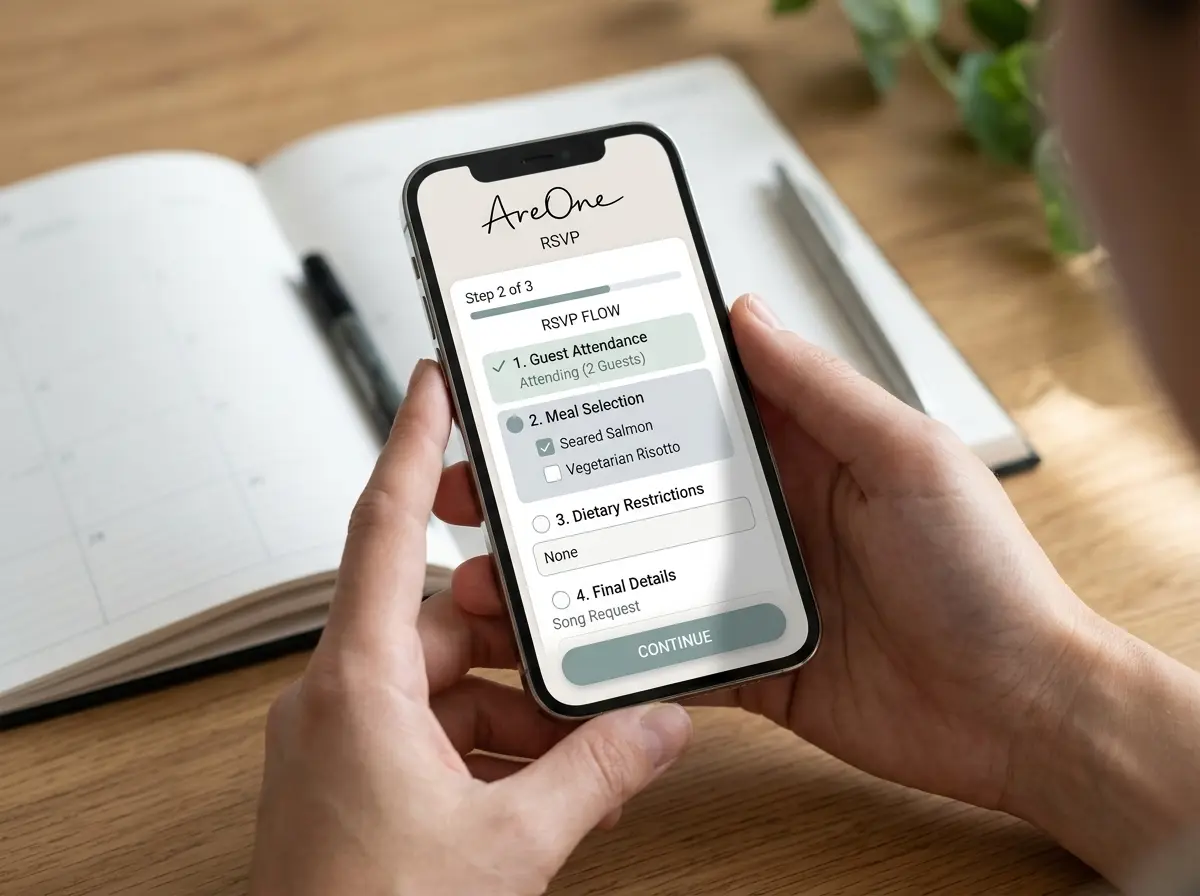 RSVP flow and checklist on a smartphone screen.