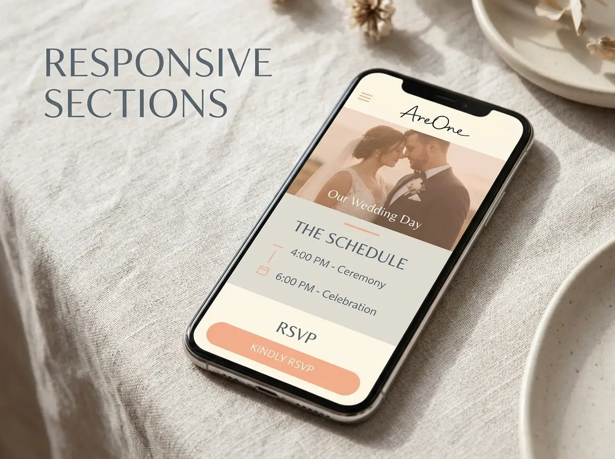 Mobile-friendly wedding website sections displayed on a smartphone.