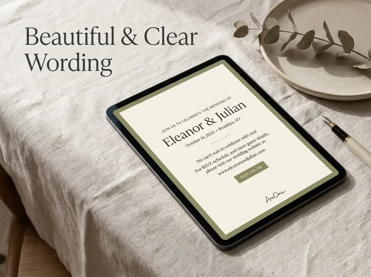Clear wedding website wording on a digital invitation template.
