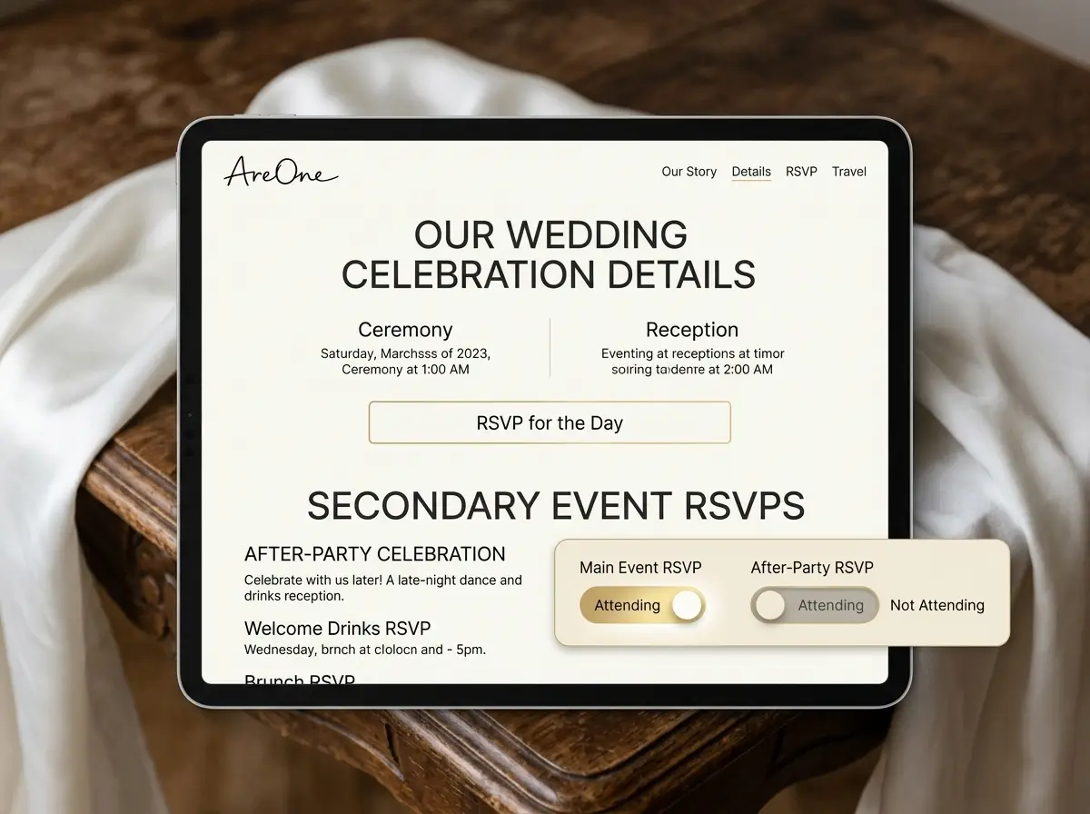 A visually appealing digital wedding invite layout demonstrating where to place secondary event details.