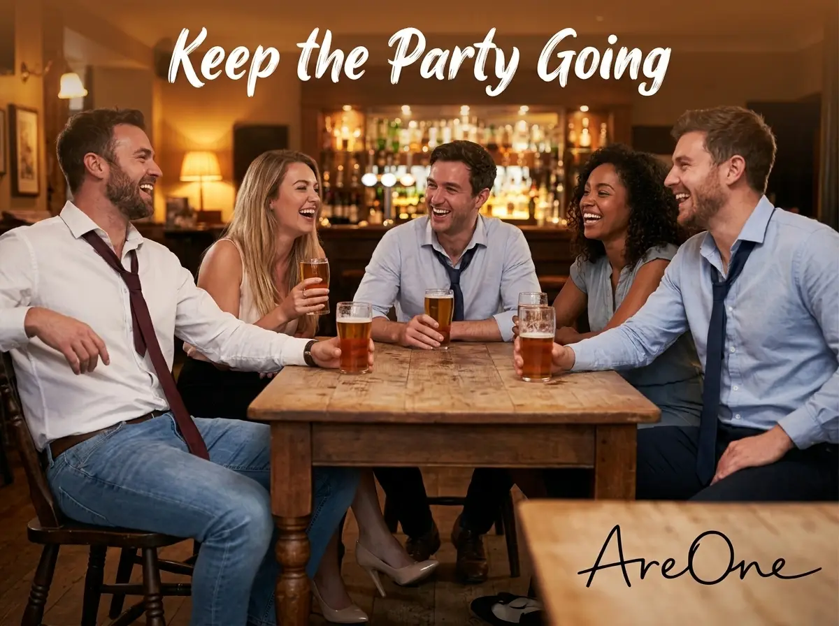 A lively photo of guests laughing at a casual pub setting wearing loosened wedding attire.