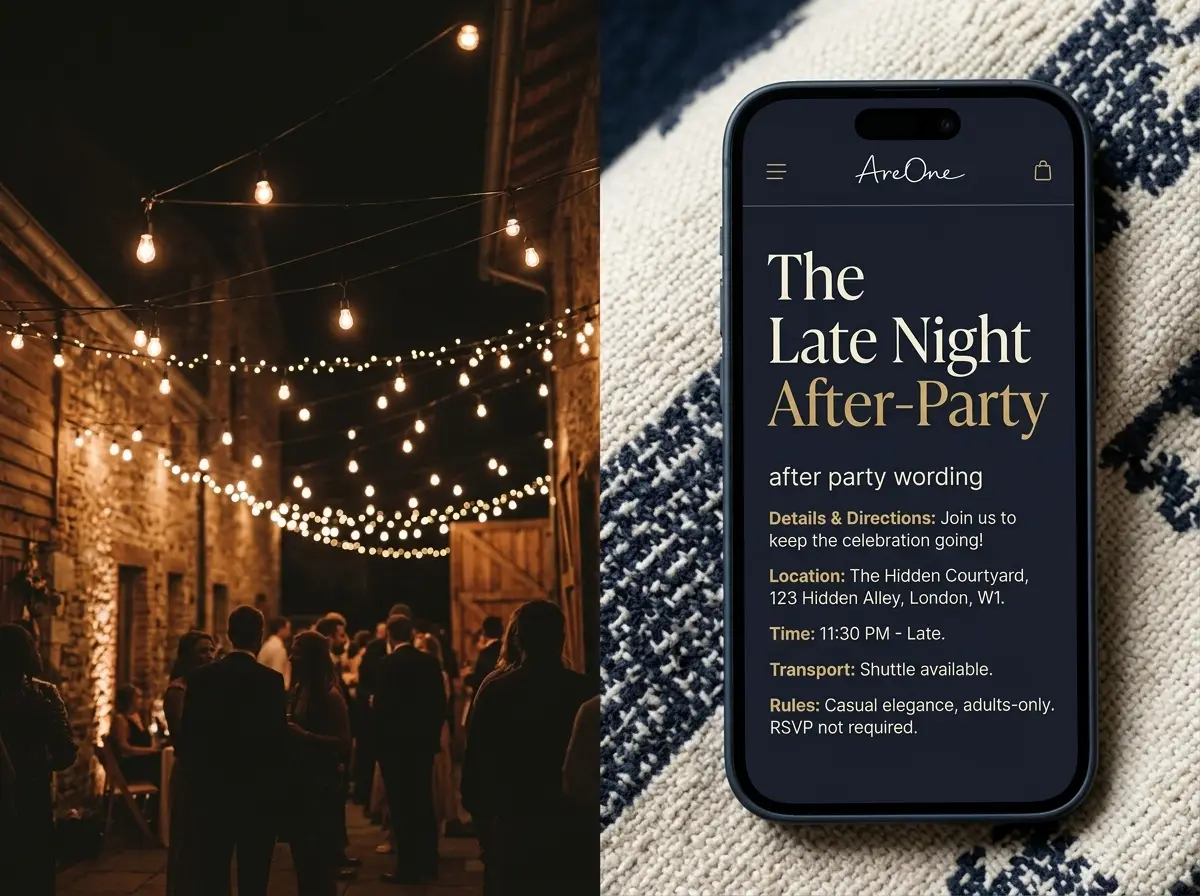 Modern digital invitations showing perfect wedding after party wording.