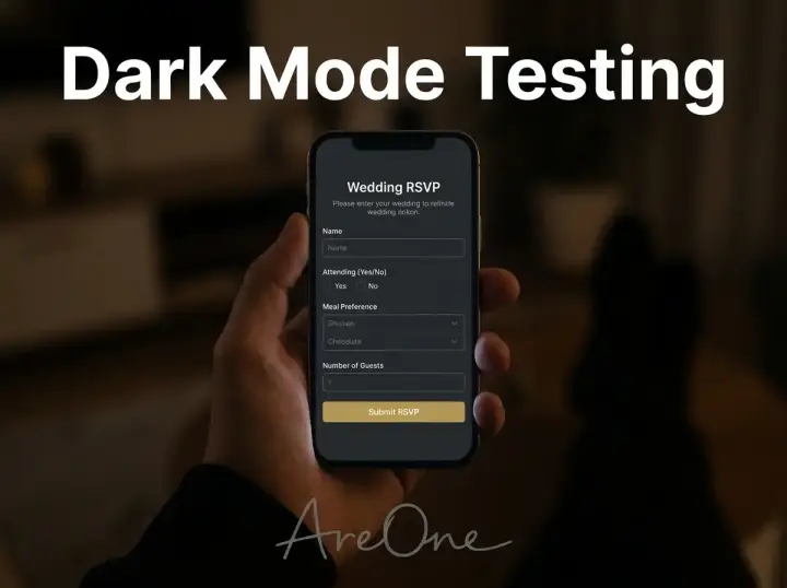 Person testing a digital wedding RSVP flow on a smartphone screen in dark mode to ensure clear visibility.